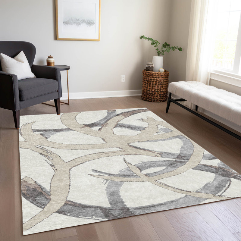 Ivory 3' x 5' Machine Washable Synthetic Area Rug