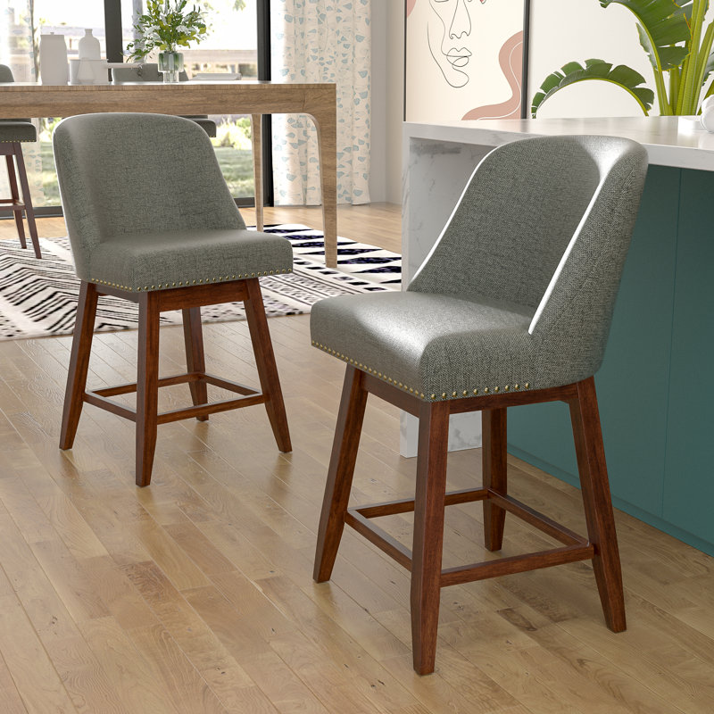 Tabouret de comptoir rembourré Havant, Tabouret de comptoir (siège d'une hauteur de 26 p, Gris / noyer