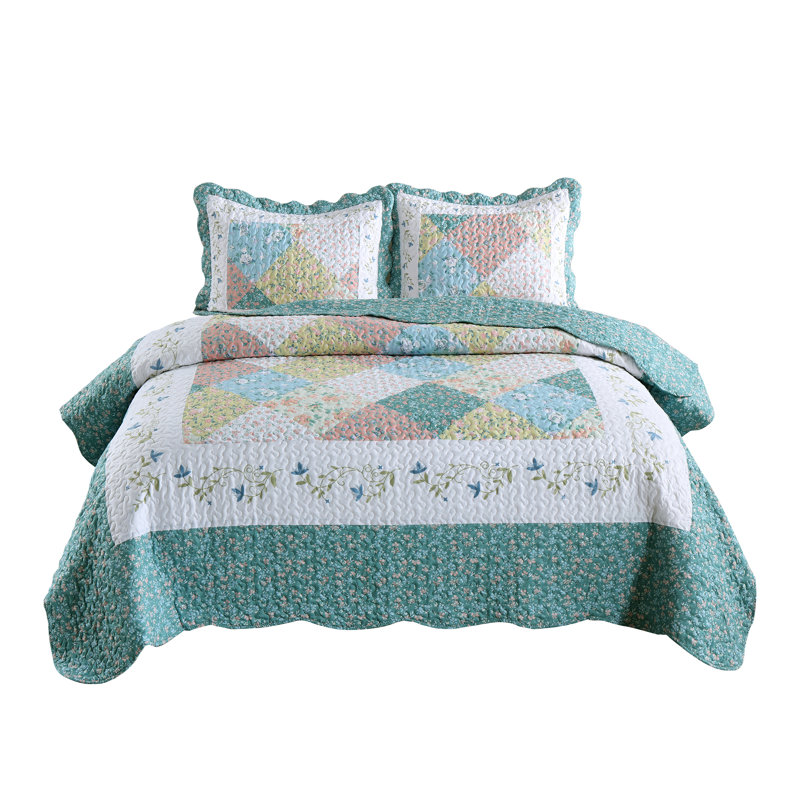 Ensemble de courtepointe imprimée 3 pièces MarCielo B029, Bleu givré, Courtepointe grand + 2 couvre-oreillers standard