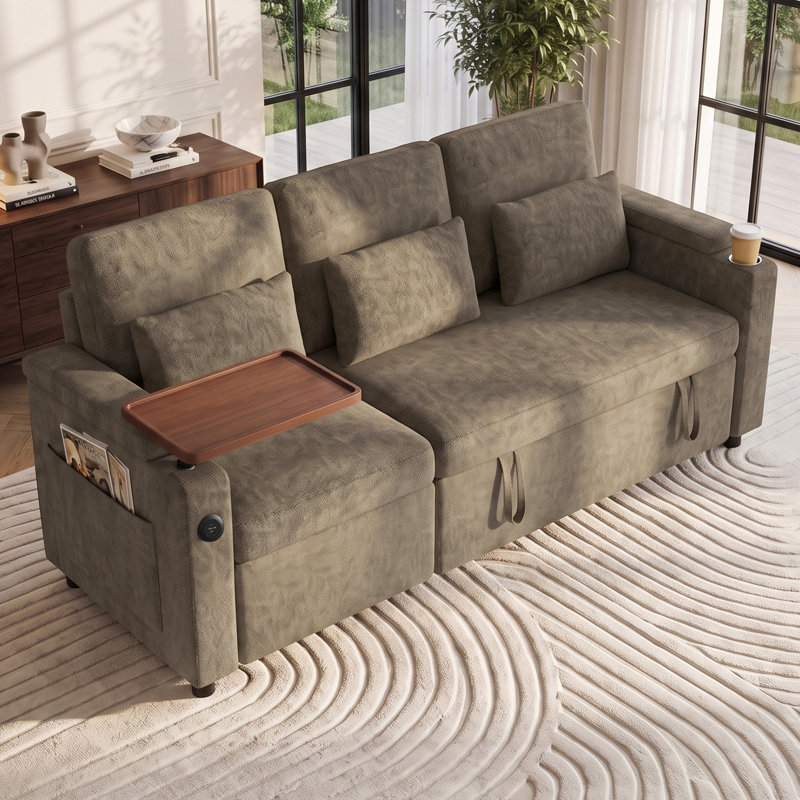 Canapé-lit convertible 3 places en chenille Aufak de 83 po avec fauteuil inclinable électrique, ports de chargement USB, plateau latéral, porte-gobelet et rangement, kaki