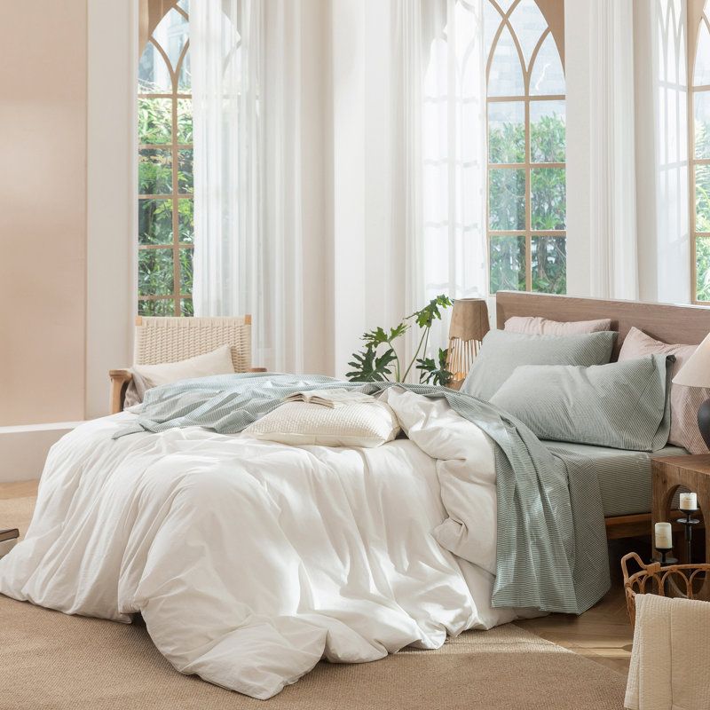 Ensemble de draps 100% coton lavé MooMee, Ensemble de draps pour très grand lit avec 2 taie