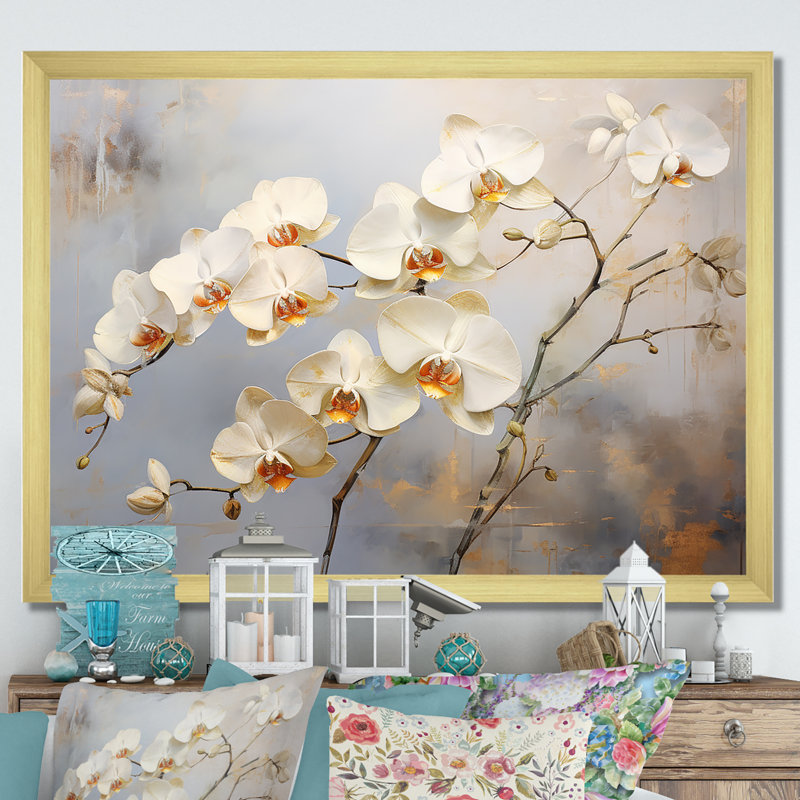 Minimalisme beige et orchidées dorées III sur toile, Cadre doré simple, H 30 po x l 40 po x P 1,5 po