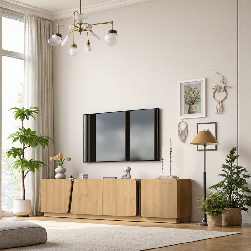 Meuble télé avec plateau en marbre et tablettes réglables, Chêne