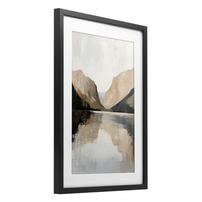 «Mountains Reflecting Rustic Lake», reproduction d'art sous verre encadrée par Petal Prints Design