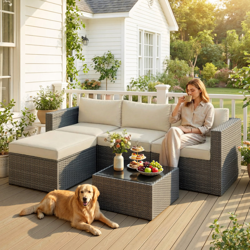 Ensemble de meubles de patio 5 pièces en osier, Beige/gris