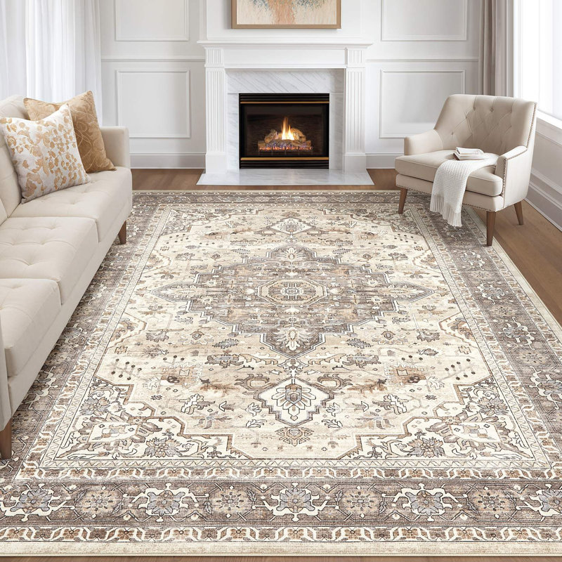 Tapis oriental lavable à la machine avec envers antidérapant Aasen, Brown, Rectangle 7' x 9'