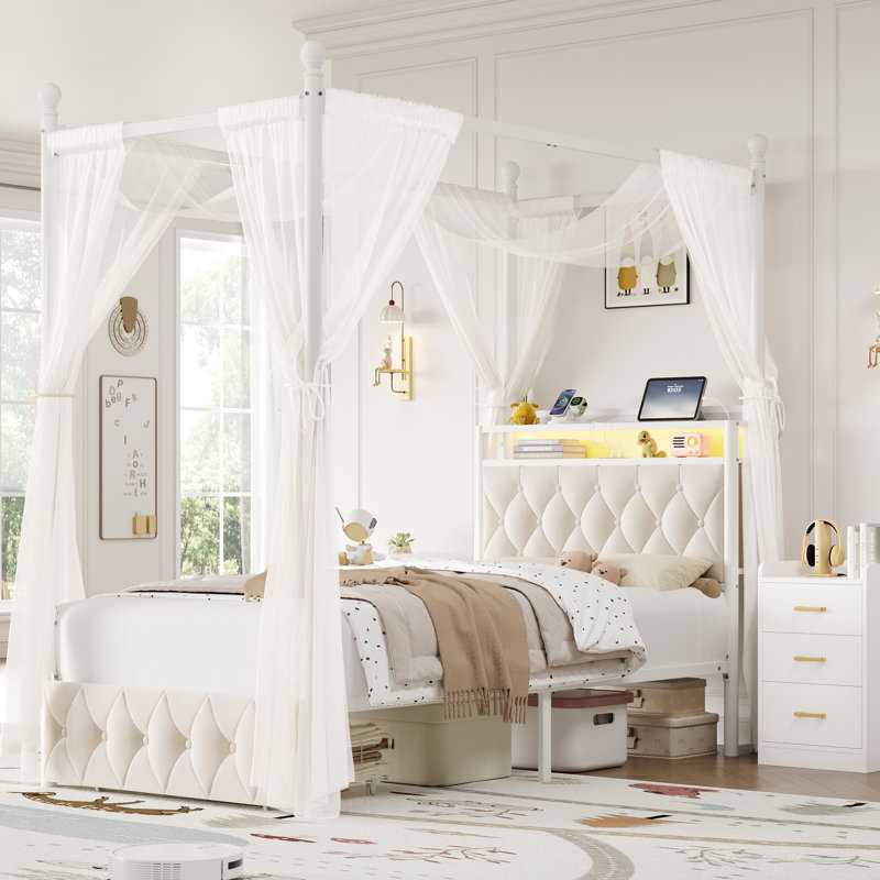 Ensemble de chambre à coucher pour enfants: cadre de lit à baldaquin à DEL avec ports de charge + 2 tables de chevet avec prises et tiroirs (blanc crème, tailles en T)