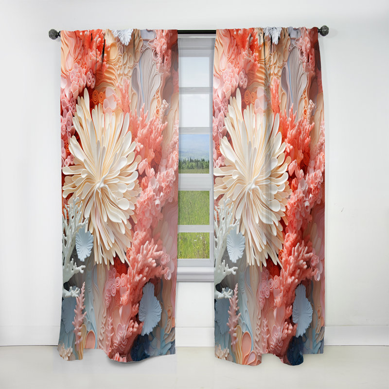 Iyanna Pink And White Coastal Coral Collage IV - Nautical Curtain - Velvet Room Darkening - 1 panel, 52" W x 95" L