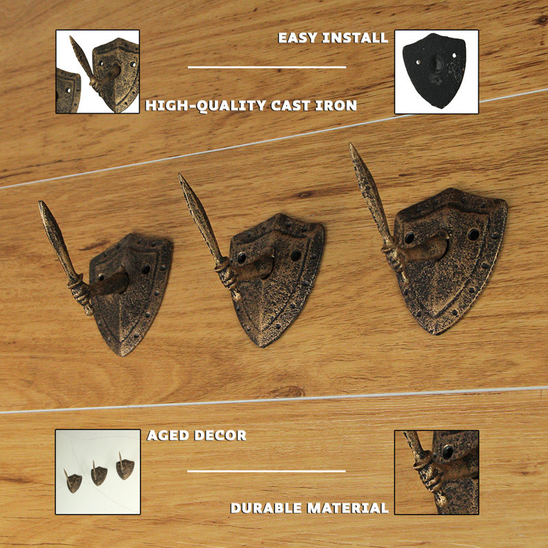 Shandia entryway wall hooks for keys and leashes in cast iron antique bronze, sword & shield set of 3 — 3.5 x 3 x 4 inches