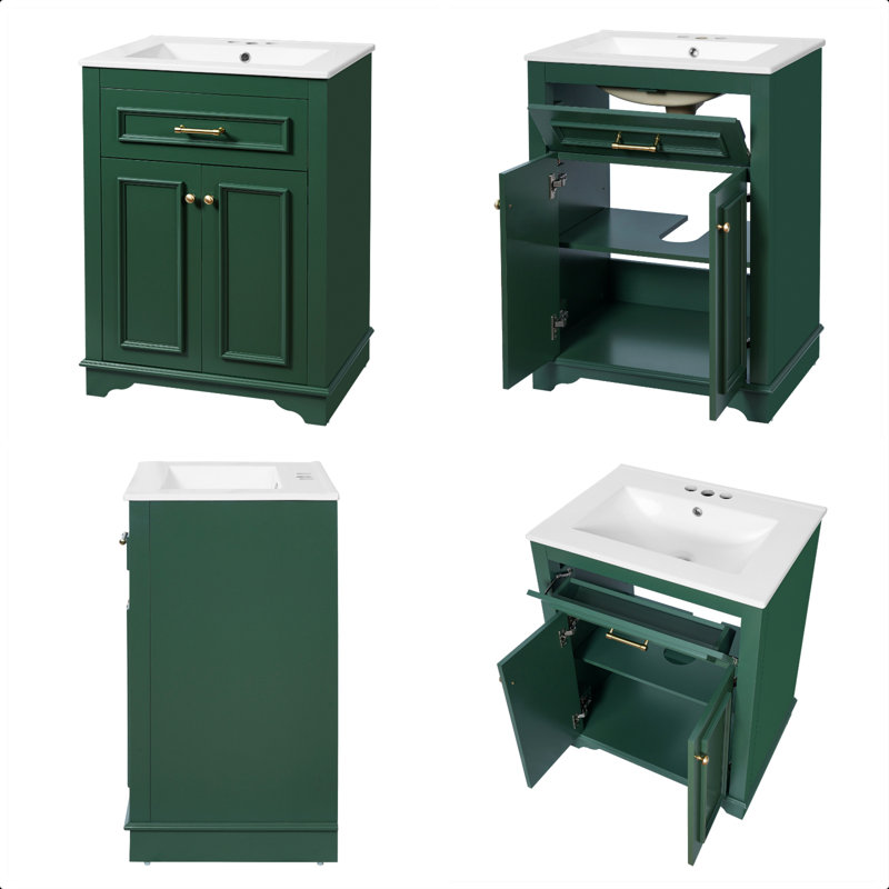 Meuble-lavabo 24 po avec lavabo en céramique intégré, armoire de salle de bain avec 2 portes, 1 tiroir basculant et meuble-lavabo simple pour salle de bain de petite et moyenne taille