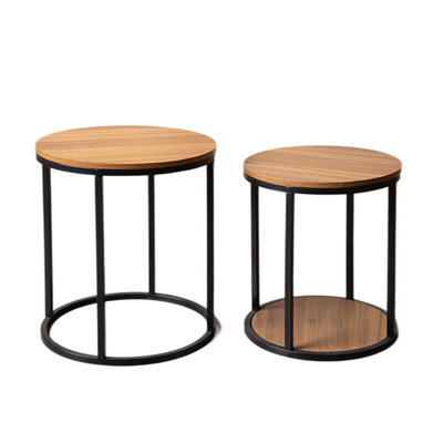 2 Piece Contemporary Nesting Tables, Natural & Black Mix Material Space-Saving Living Room Side Table Set