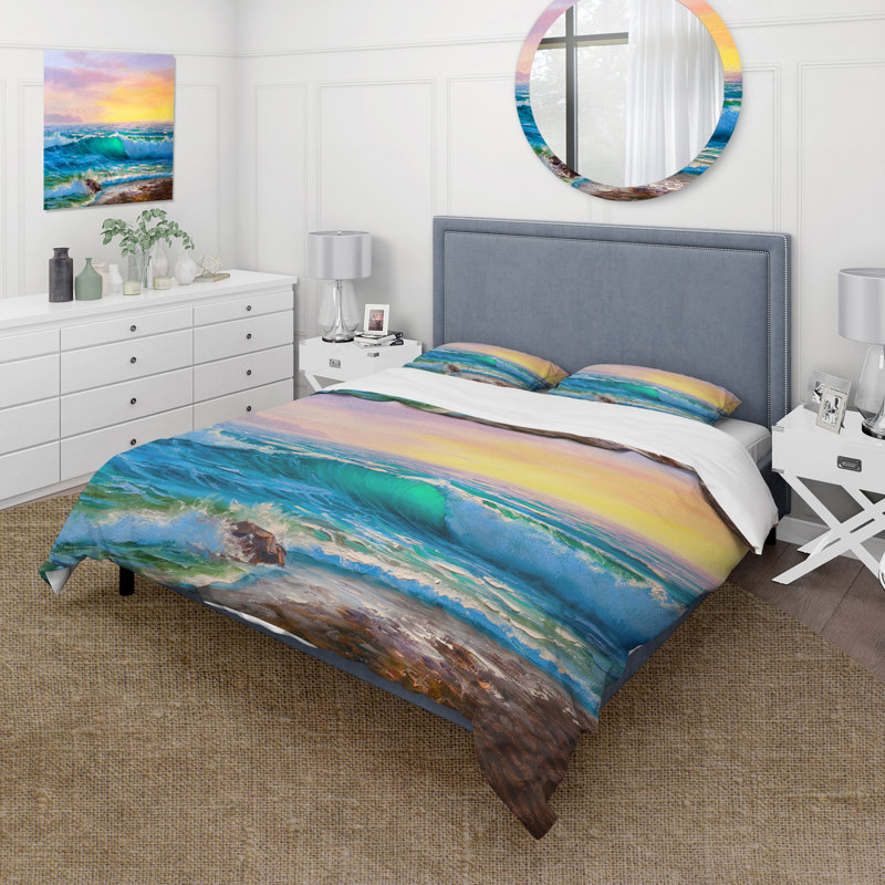 Blue Waves Breaking At The Beach IV - Ensemble de housse de couette nautique et côtier - Polyester en microfibre
