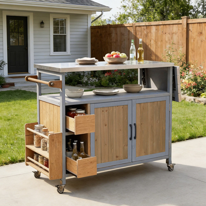 54.33" Outdoor Kitchen Island  With Stainless Steel Top, Walnut Brown