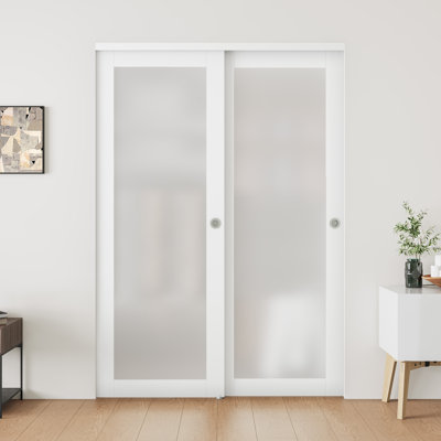 1-Lite Tempered and Frosted Glass Sliding Closet Door with Hardware Kit, No Assembly Required