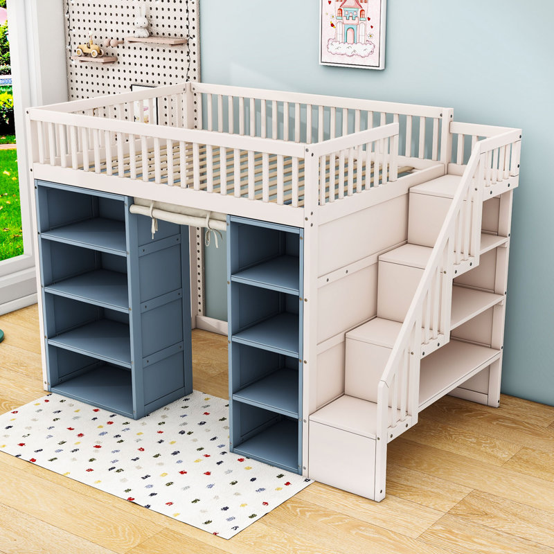 Full Loft Bed With Storage Shelves, Curtain And Stairs