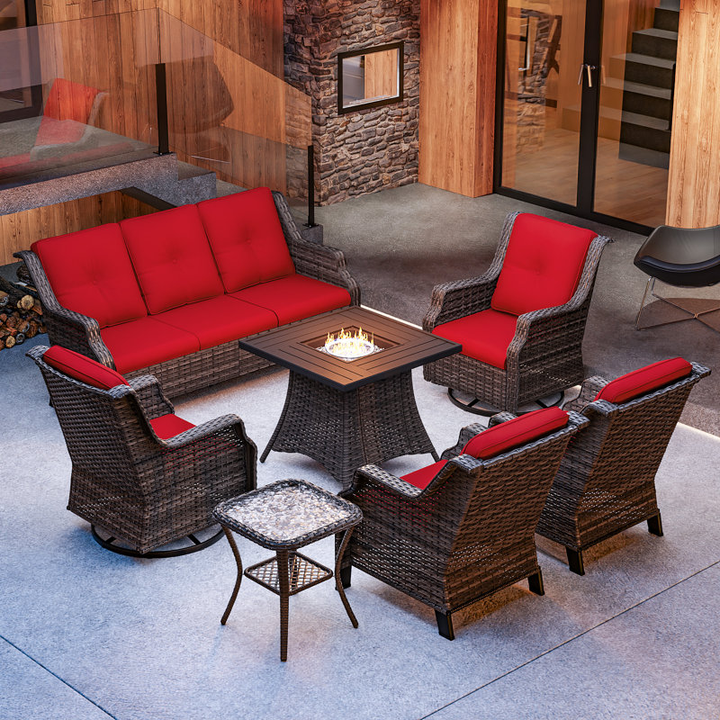 7-Person Seating Group With Fire Pit And Cushions, Red