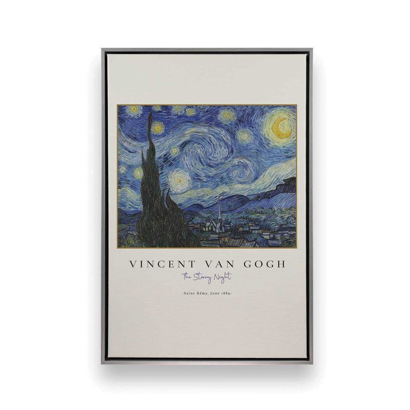 Van Gogh's The Starry Night v3, H 12,75 po x l 8,75 po x P 1,75 po, Cadre flottant en chrome poli