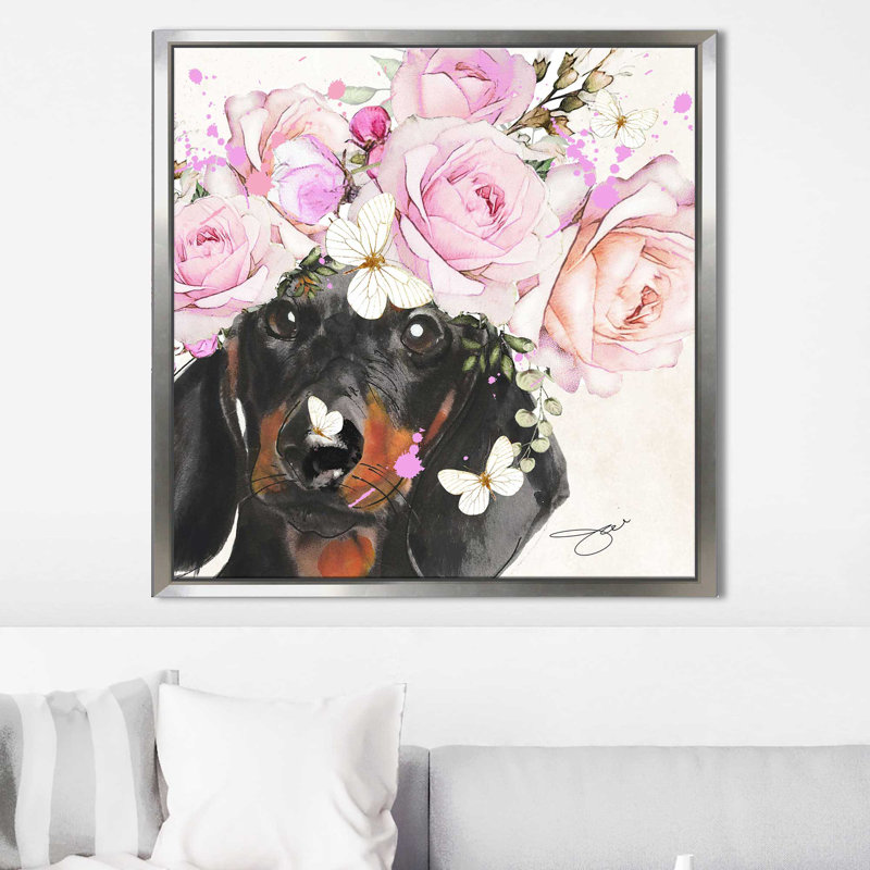 Flower Daschund (Square) par By Jodi - impression, Cadre flottant argent, H 21,5 po x l 21,5 po x P 2 po