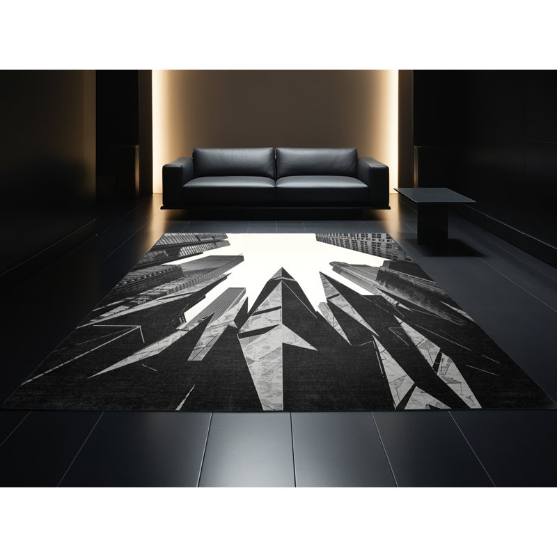 Machine Washable Pacchiana Modern & Contemporary Geometric Rug in Gray – Black Binding, 8' Round
