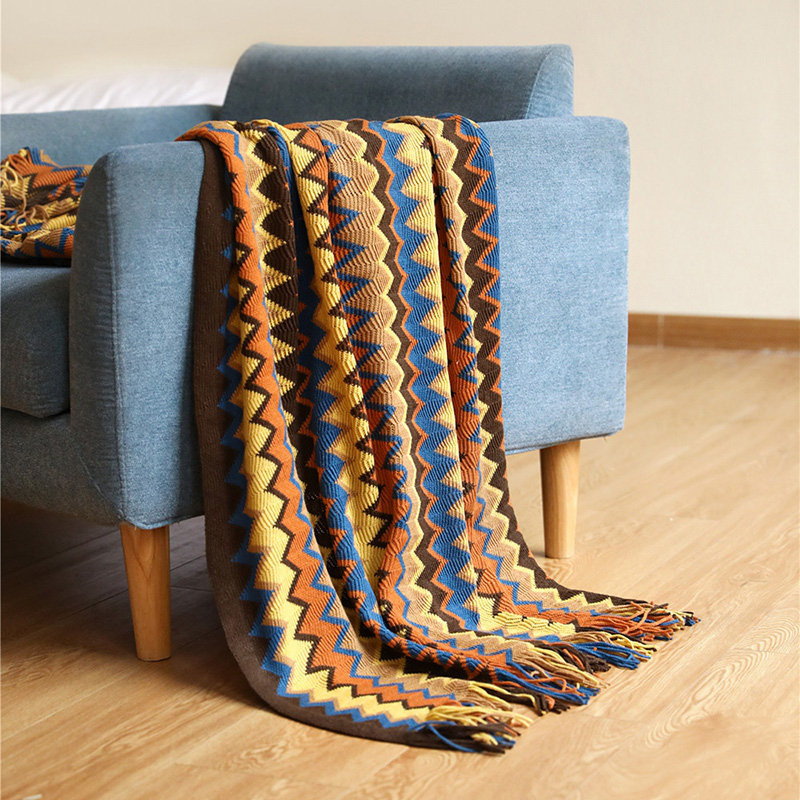 Boho Multicolor Knitted Acrylic Throw Blanket with Tassels, 50" x 60"