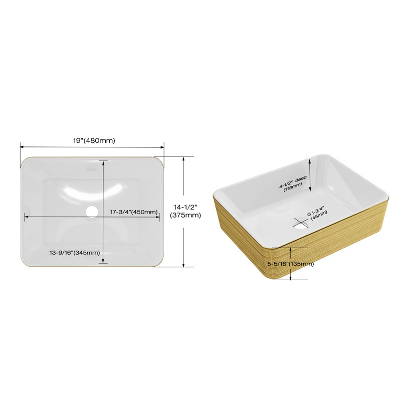 MEJE 48x38cm Bathroom Sink, Luxury Gold Stripe Rectangle Vanity Sink Over Countertop, Porcelain Ceramic Artistic Washbasin, Basin