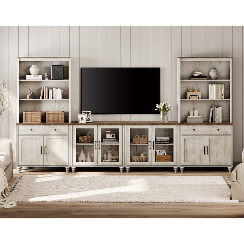 Scarlett 135.4" W Solid and Manufactured Wood Entertainment Center , Rustic White