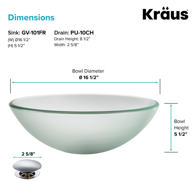 Kraus 14 Inch Glass Vessel Sink in Frosted with Pop-Up Drain, Chrome