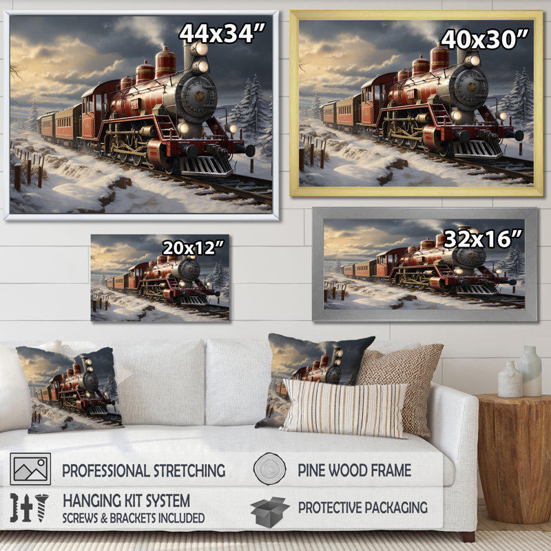 Train de Noël campagne d'hiver - train, art mural, H 24 po x l 32 po x P 1 po, Cadre flottant noir