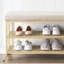 2-in-1 Gold Metal Shoe Rack Bench, 2-Tier Storage with Soft Cushioned Seat, for Entryway Hallway Living Room Bedroom