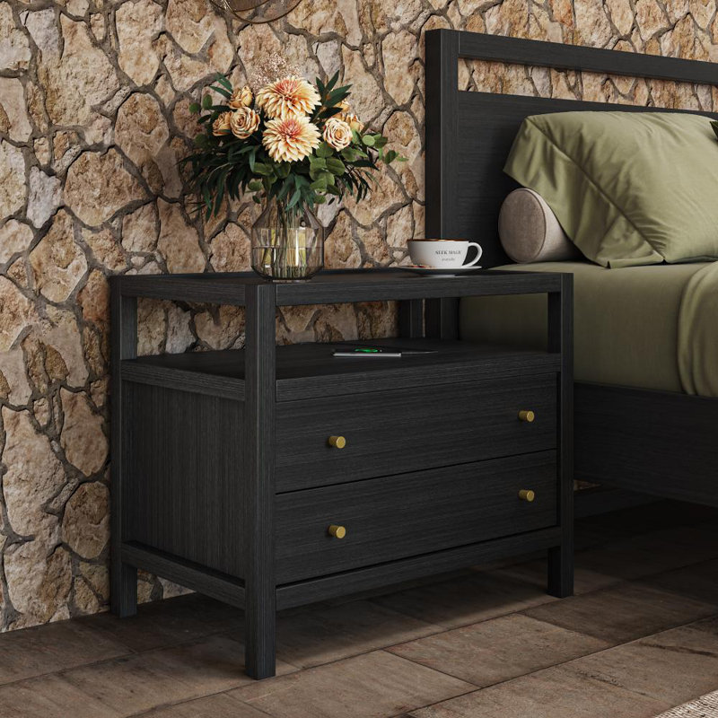 Double-Drawer Charging Nightstand With Streamlined Bullet Handles, Black