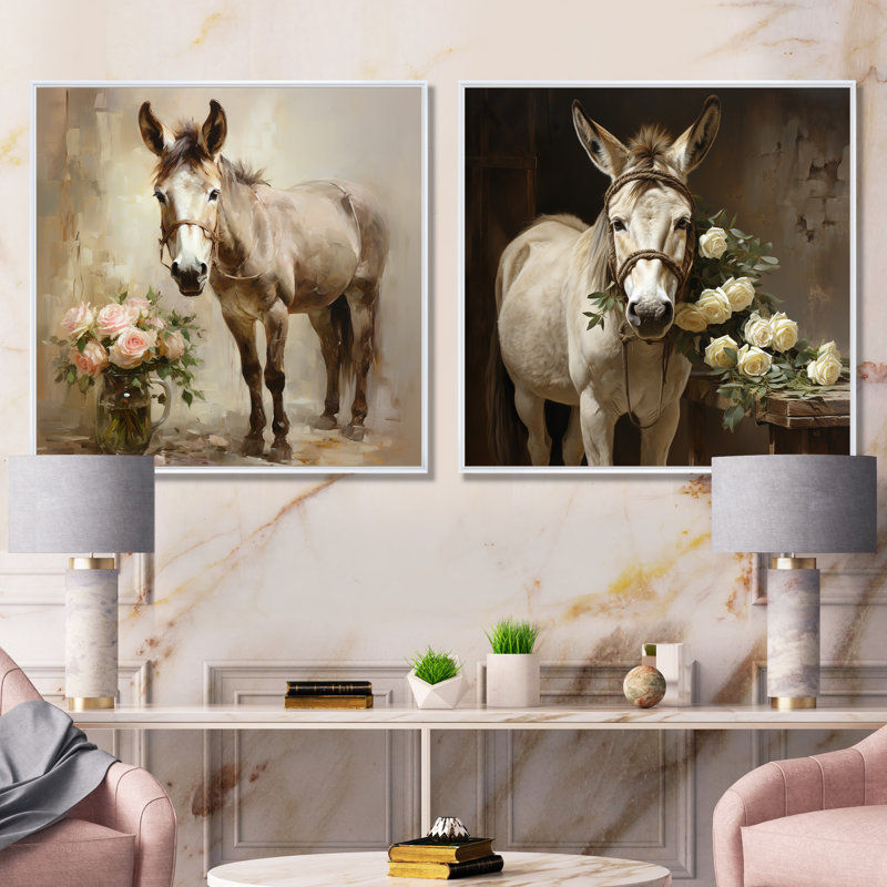 Farmhouse Donkey In Field I - Donkey, ensemble de 2 reproductions d'art sur toile, Cadre flottant blanc