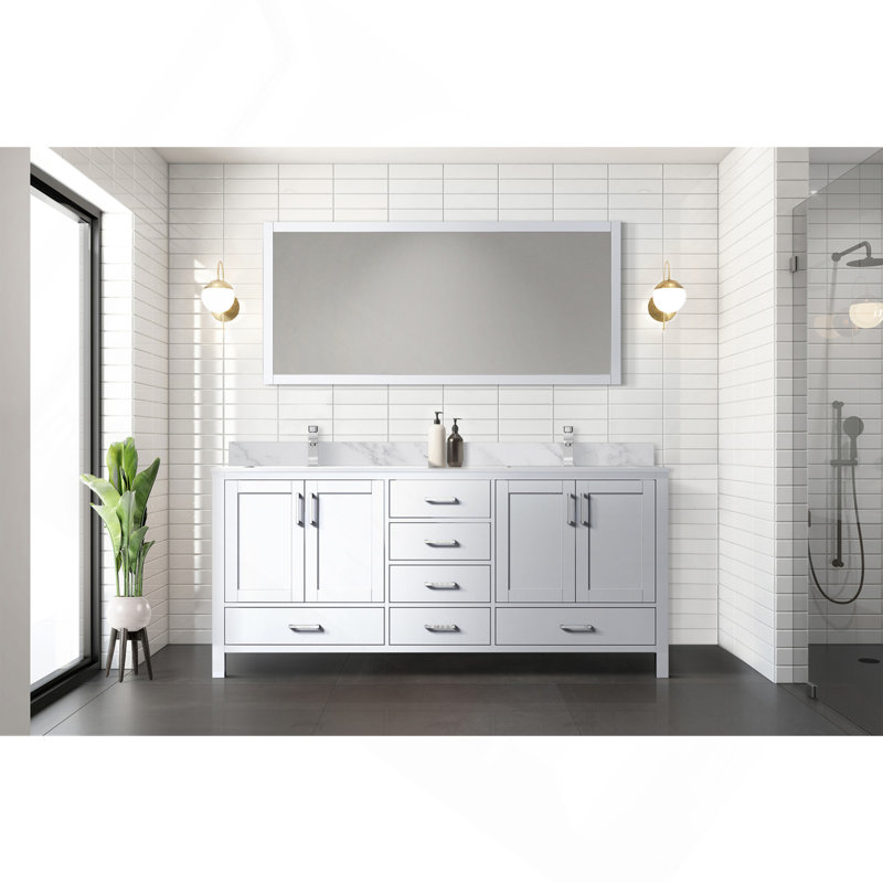 Meuble-lavabo double blanc 72 po X P 22 po , Comptoir en marbre de Carrare, ensemble de robinet et Miroir