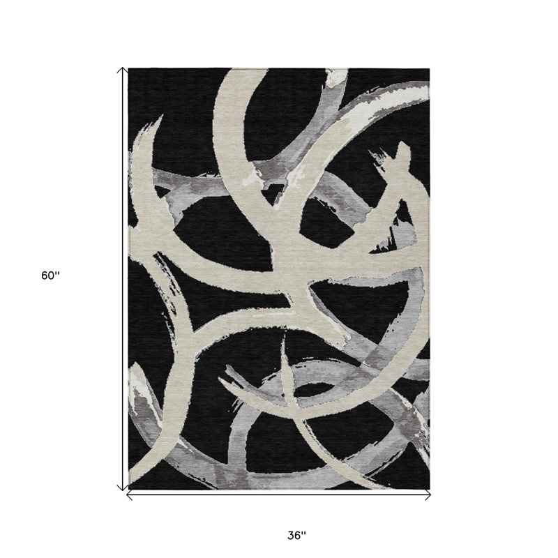 3' X 5' Black Ivory And Gray Abstract Washable Indoor Outdoor Area Rug