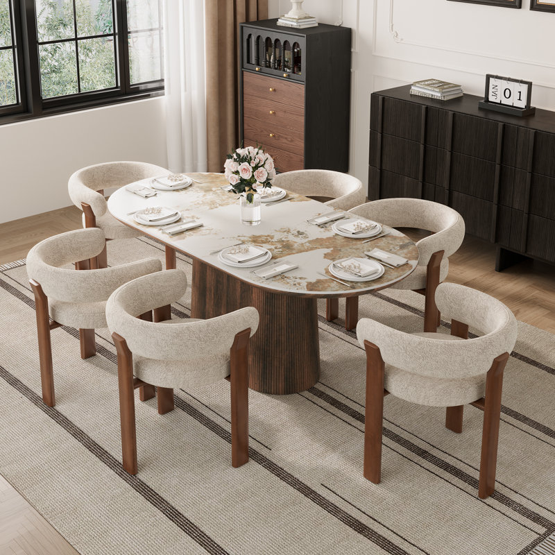 Ensemble de table de salle à manger 6 personnes Adwin avec fauteuils rembourrés Boucle, Beige, 7 pièces: table, 5 chaises