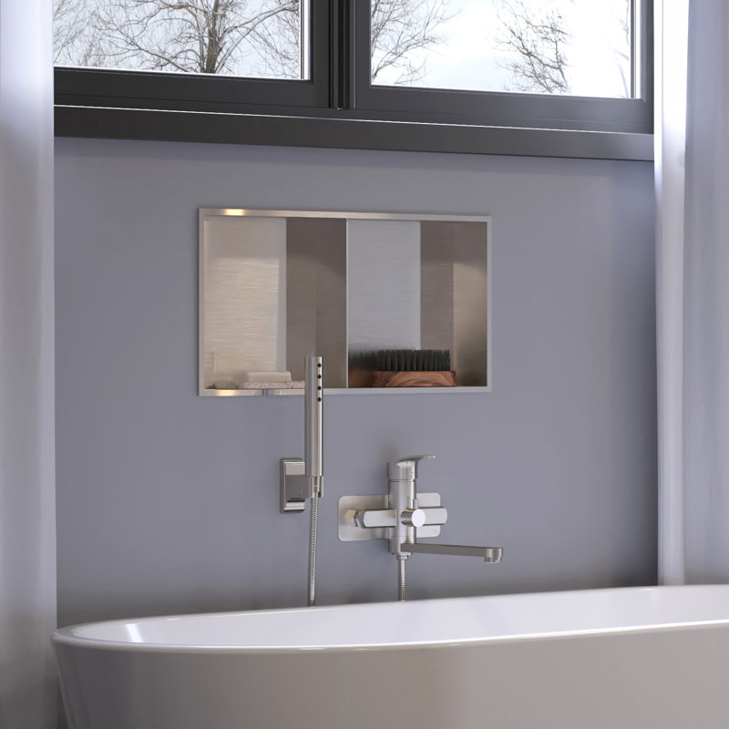 12-in x 24-in Ultra-thin Frame Recessed 2-Section Stainless Steel Shower Niche, Steel Brushed