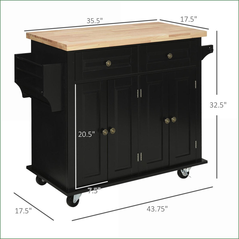Îlot de cuisine sur roulettes avec plateau en bois d'hévéa, rangement et amp; Support à épices | Noir | Panneau de fibres à densité moyenne
