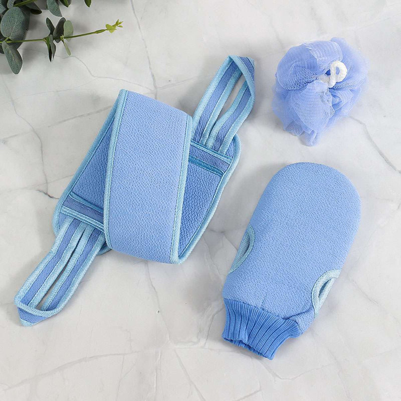 3pcs Exfoliating Back Scrubber Bath Gloves Set for Body Scrub, Blue