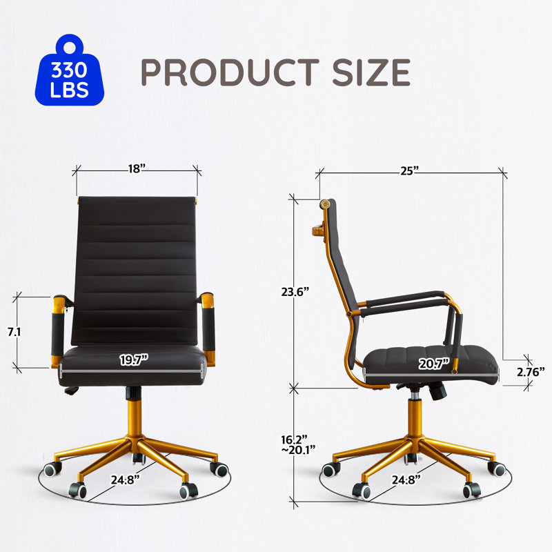 Fauteuil de bureau ergonomique pivotant avec dossier en cuir côtelé, Noir, Doré