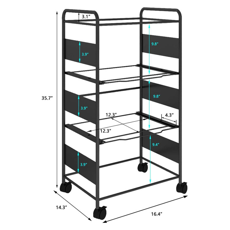 3 Tiers Metal Rolling File Carts With Wheels Hanging Files For Letter Size Movable Pull-Out File Folder Rack Drawer File Cabinet For Home Office