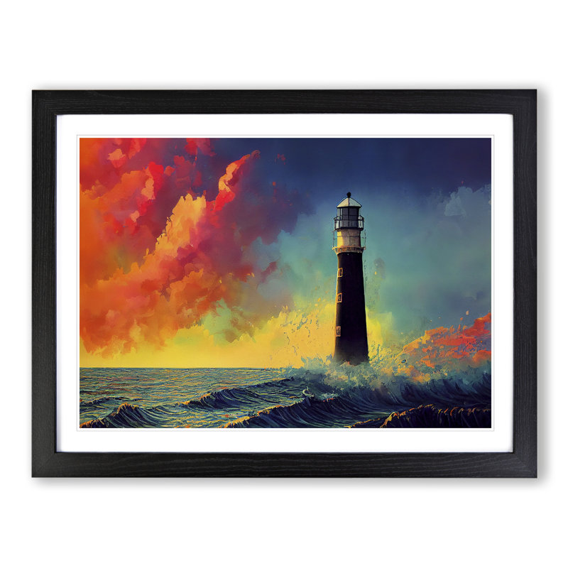Sculptured Lighthouse - Single Picture Frame Painting, Black , 46cm H x 64cm W x 2cm D