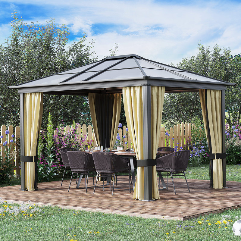 10X12ft Hardtop Gazebo Canopy, Polycarbonate Roof, Aluminum Frame, With Netting And Curtains