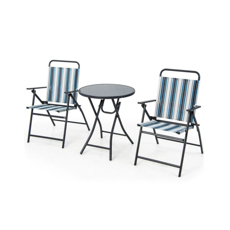 Blue Striped Metal and Fabric Outdoor Folding Chair Set