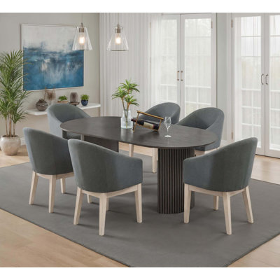 7-Piece Dining Set, 80-Inch Oval Table With Dual Pedestal Base & 6 Upholstered Barrel Chairs