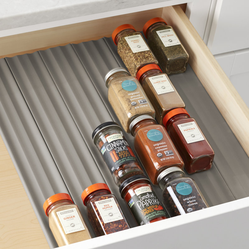 YouCopia® SpiceLiner® Adjustable Spice Drawer Liner, Spice Bottle and Jar Storage Organizer Insert, Grey