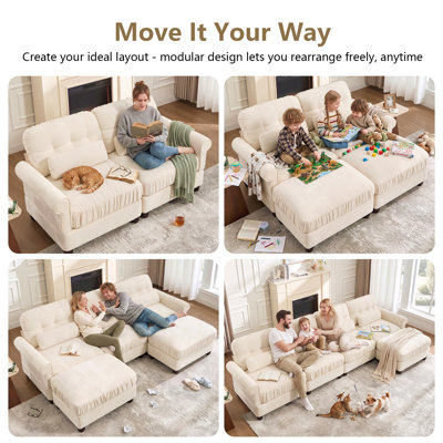 Canapé d'angle modulaire 4 places en chenille, forme U, avec deux poufs, coussin d'assise à bord froncé, accoudoirs arrondis et coussins de soutien lombaire, assise profonde et confortable idéale pour les réunions de famille dans le salon.