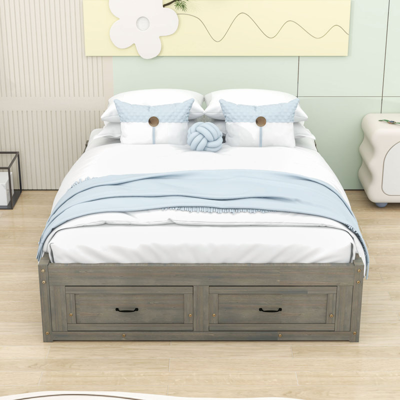 Lit plateforme en bois 6 tiroirs au design épuré, Gris antique, Grand