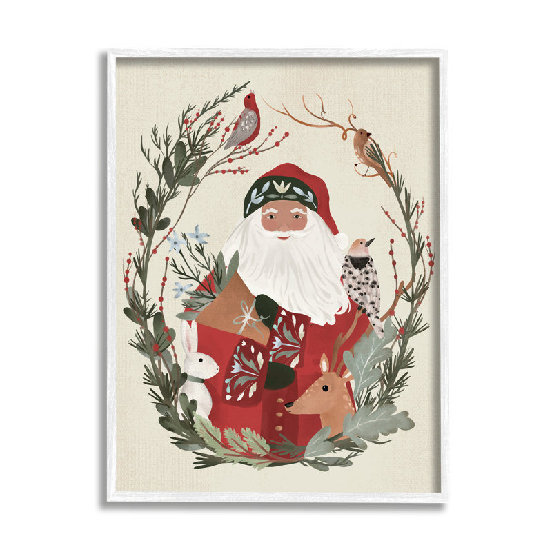 Père Noël, vacances, faune, feuille, bordure botanique, encadré noir, art texturé par Laura Konyndyk