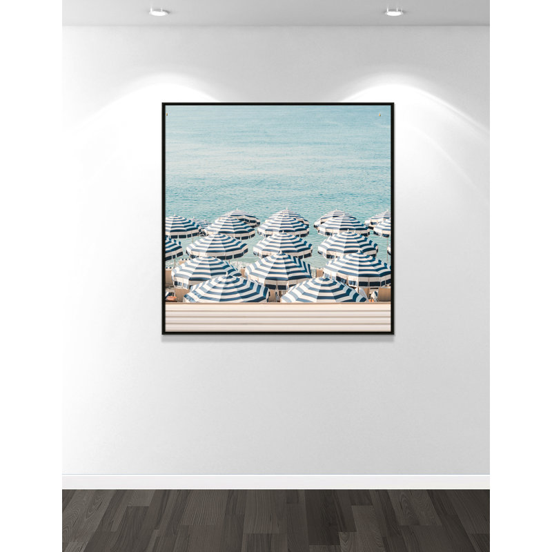 Striped Beach Umbrellas - Square Version Print by , 46.5'' W x 46.5'' H, Espresso Floater