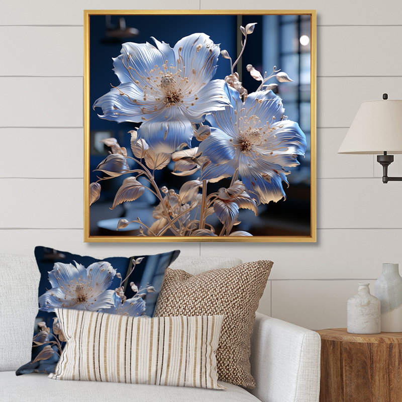 Céleste harmonie florale sur toile, H 16 po x l 16 po x P 1 po, Cadre flottant doré
