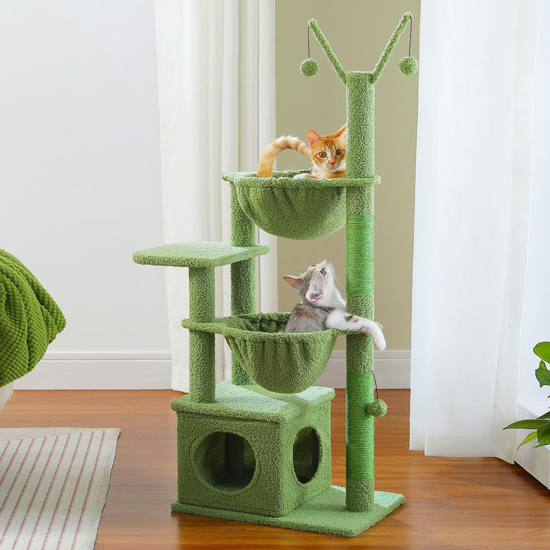 Arbre à chat Cactus, tour pour chat 47,6 po avec 2 hamacs en métal, poteau à griffer pour chat avec 2 bâtons de pompon amovibles pour chatons